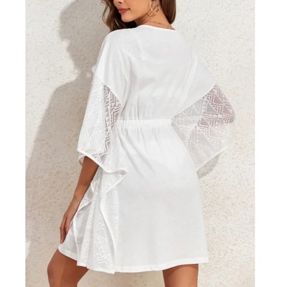 White Lace Coverup Womens Kimono Cottagecore Beach Dress Minimalist‎ Boho Sheer - Picture 3 of 6